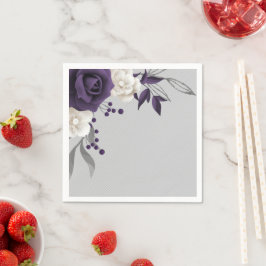 ほこりっぽい紫の白い花結婚灰色 スタンダードカクテルナプキン
