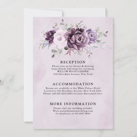 ほこりっぽい紫の開花の色合い結婚すべて 招待状 (裏面)