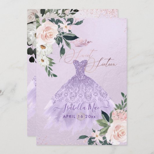 ほこりっぽい紫のSweet sixteen水の色の花 招待状 (正面/裏面)