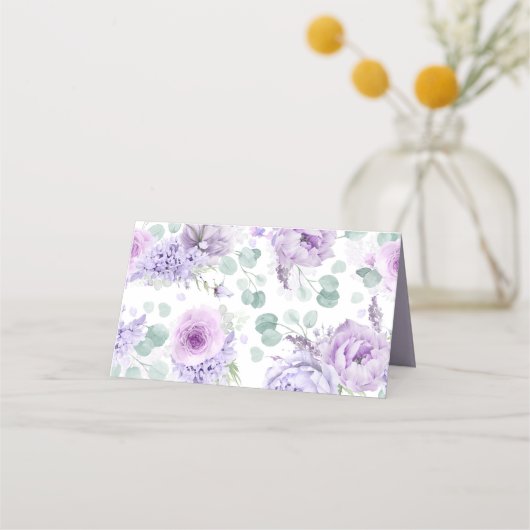 ほこりっぽい紫エレガントの花ロマン結婚ティック プレイスカード (裏面)