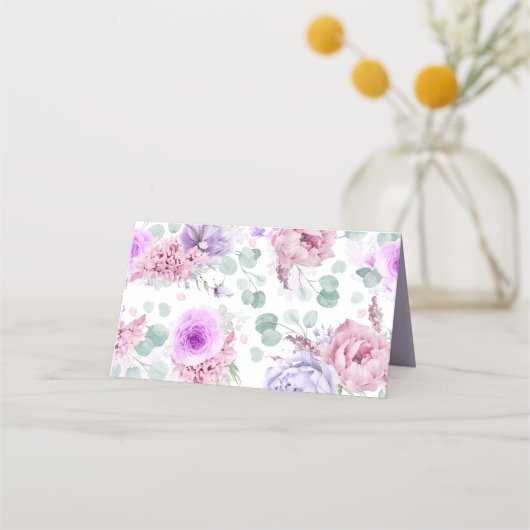 ほこりっぽい紫エレガントの花結婚ロマンチック プレイスカード (裏面)