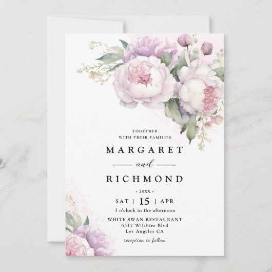 ほこりっぽい紫エレガント牡丹の水結婚色 招待状 (正面)