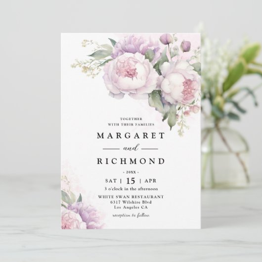 ほこりっぽい紫エレガント牡丹の水結婚色 招待状 (スタンド正面)