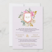 ほこりっぽい紫ピンクフローラQRコードクレスト結婚ズ 招待状 (正面)