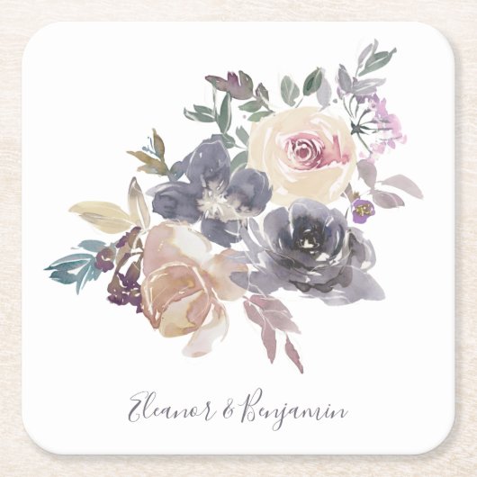 ほこりっぽい紫フローラ水結婚色のカスタム スクエアペーパーコースター (正面)