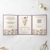 ほこりっぽい紫ボホワイルドフラワーフォトQRコード結婚ズ 三つ折り招待状 (内部)