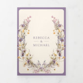 ほこりっぽい紫ボホワイルドフラワーフォトQRコード結婚ズ 三つ折り招待状 (カバー)