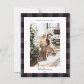 ほこりっぽい紫モダンの格子模様の写真素朴クリスマス シーズンカード (正面)