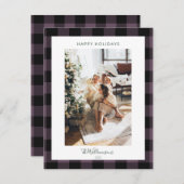 ほこりっぽい紫モダンの格子模様の写真素朴クリスマス シーズンカード (正面/裏面)