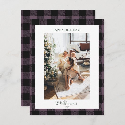 ほこりっぽい紫モダンの格子模様の写真素朴クリスマス シーズンカード (正面/裏面)