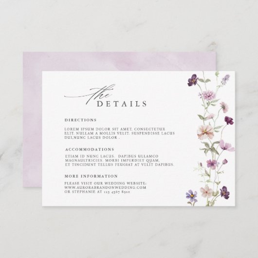 ほこりっぽい紫ラベンダー結婚ヤドフラワー詳細 エンクロージャーカード (正面/裏面)