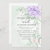 ほこりっぽい紫牡丹バラ葉緑の結婚 招待状 (正面/裏面)