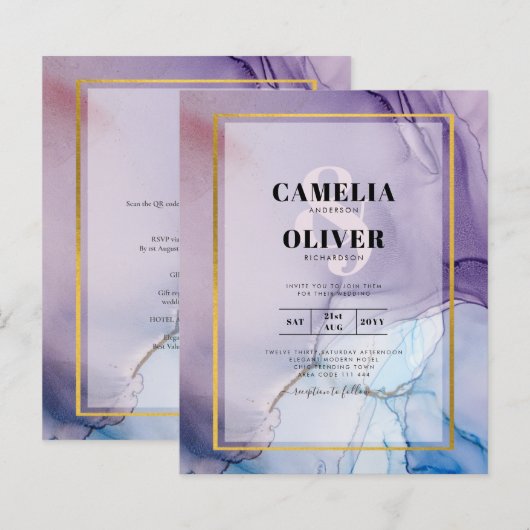 ほこりっぽい紫色のネイビーブルー金ゴールドインク結婚式の招待 (正面/裏面)