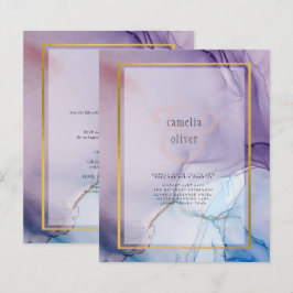 ほこりっぽい紫色のネイビーブルー金ゴールドインク結婚式の招待