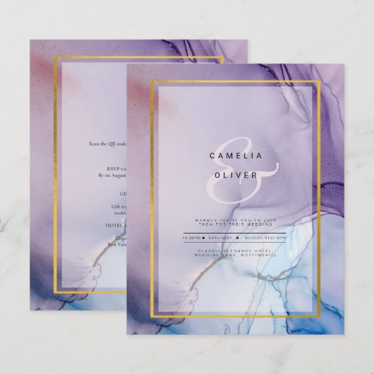 ほこりっぽい紫色のネイビーブルー金ゴールドインク結婚式の招待 (正面/裏面)
