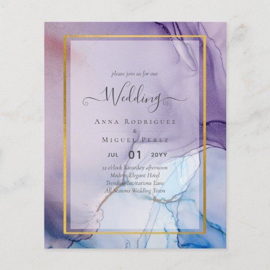 ほこりっぽい紫色のネイビーブルー金ゴールドインク結婚式の招待 チラシ (正面)
