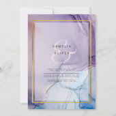 ほこりっぽい紫色のネイビーブルー金ゴールドインク結婚式の招待 招待状 (正面)