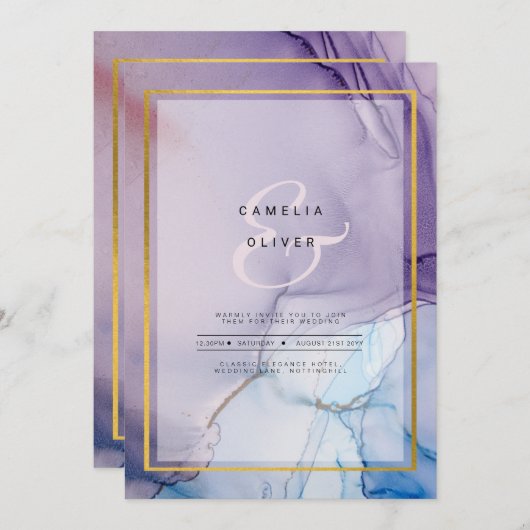 ほこりっぽい紫色のネイビーブルー金ゴールドインク結婚式の招待 招待状 (正面/裏面)