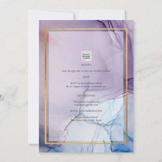 ほこりっぽい紫色のネイビーブルー金ゴールドインク結婚式の招待 招待状 (裏面)
