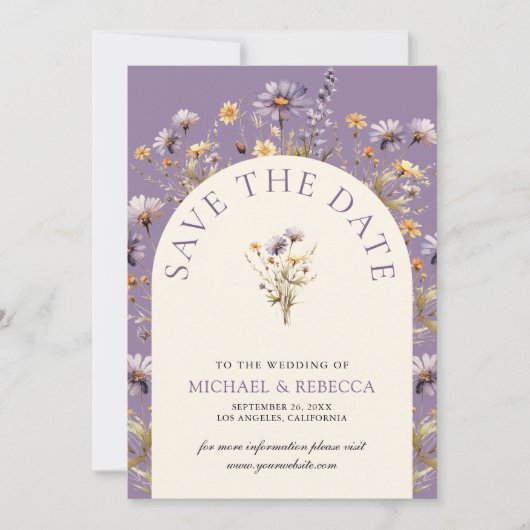 ほこりっぽい紫色のボホ結婚ワイルドフラワーの写真 セーブザデート (正面)