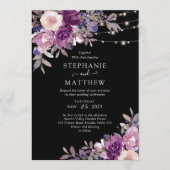 ほこりっぽい紫色の植物灯ブラック結婚ズ 招待状 (正面)