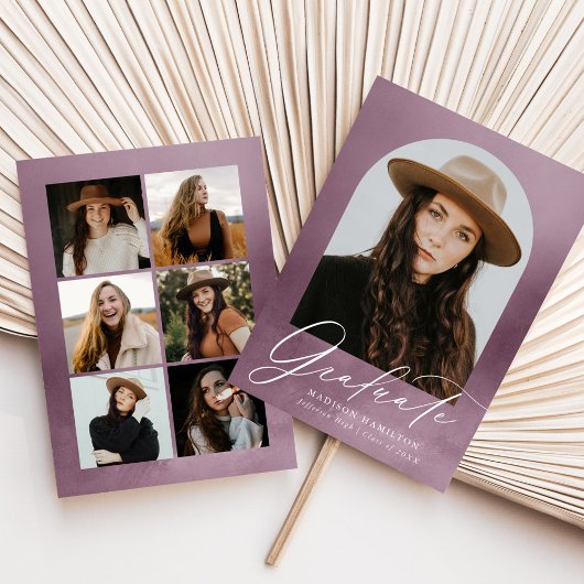 ほこりっぽい紫色の水彩アーチ7写真卒業 案内状