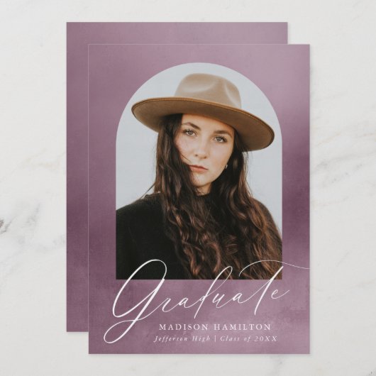 ほこりっぽい紫色の水彩アーチ7写真卒業 案内状 (正面/裏面)