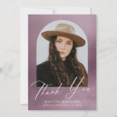 ほこりっぽい紫色の水色のアーチ写真卒業 サンキューカード (正面)