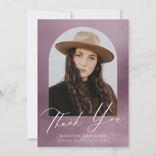 ほこりっぽい紫色の水色のアーチ写真卒業 サンキューカード (正面)