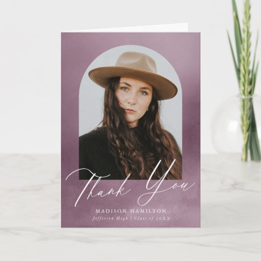 ほこりっぽい紫色の水色のアーチ写真卒業 サンキューカード (正面)