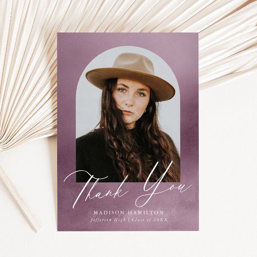 ほこりっぽい紫色の水色のアーチ写真卒業 サンキューカード