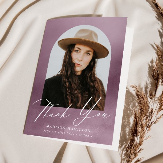 ほこりっぽい紫色の水色のアーチ写真卒業 サンキューカード