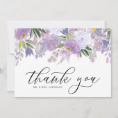 ほこりっぽい紫色の水色の花ガーランド結婚ズ サンキューカード (正面)
