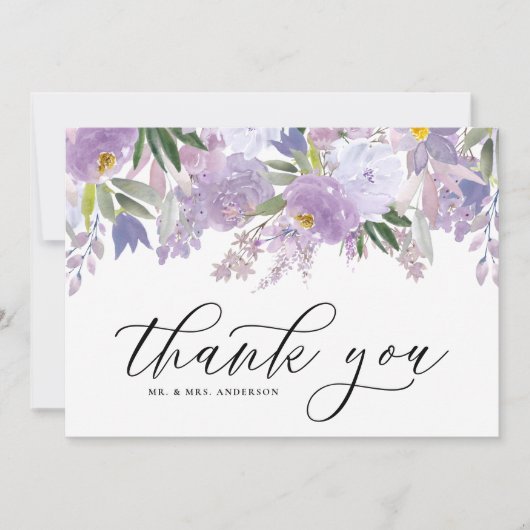 ほこりっぽい紫色の水色の花ガーランド結婚ズ サンキューカード (正面)