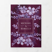 ほこりっぽい紫色の水色フローラフォトプラム結婚ズ 三つ折り招待状 (カバー)