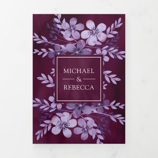 ほこりっぽい紫色の水色フローラフォトプラム結婚ズ 三つ折り招待状 (カバー)