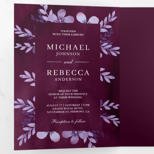 ほこりっぽい紫色の水色フローラフォトプラム結婚ズ 三つ折り招待状 (内部最初)