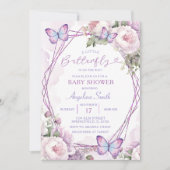 ほこりっぽい紫色の蝶ガールフローラ赤ちゃんシャワー 招待状 (正面)