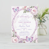 ほこりっぽい紫色の蝶ガールフローラ赤ちゃんシャワー 招待状 (スタンド正面)