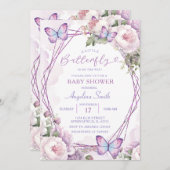 ほこりっぽい紫色の蝶ガールフローラ赤ちゃんシャワー 招待状 (正面/裏面)