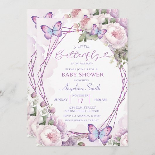 ほこりっぽい紫色の蝶ガールフローラ赤ちゃんシャワー 招待状 (正面/裏面)