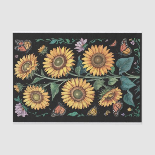 ほこりっぽい紫、背の高いヒマワリと（昆虫）オオカバマダラ、モナーク蝶 薄葉紙 (正面)