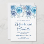 ほこりっぽい結婚ブルーの牡丹バラ結婚フローラの元気 招待状 (正面)