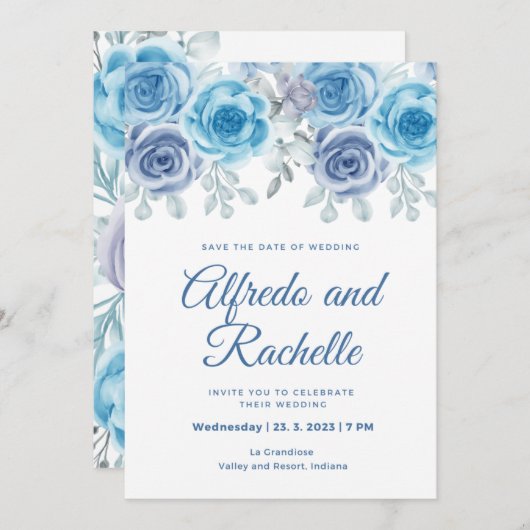ほこりっぽい結婚ブルーの牡丹バラ結婚フローラの元気 招待状 (正面/裏面)