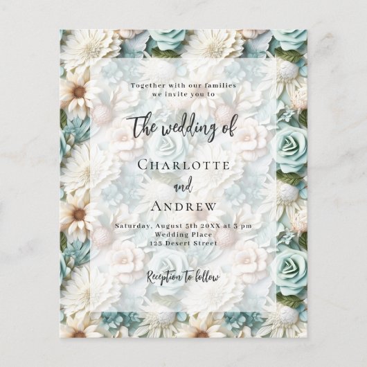 ほこりっぽい結婚緑の白いフローラ予算の招待状 (正面)