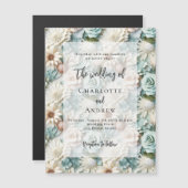 ほこりっぽい結婚緑の白い花模様の贅沢エレガントさ マグネット招待状 (正面/裏面)