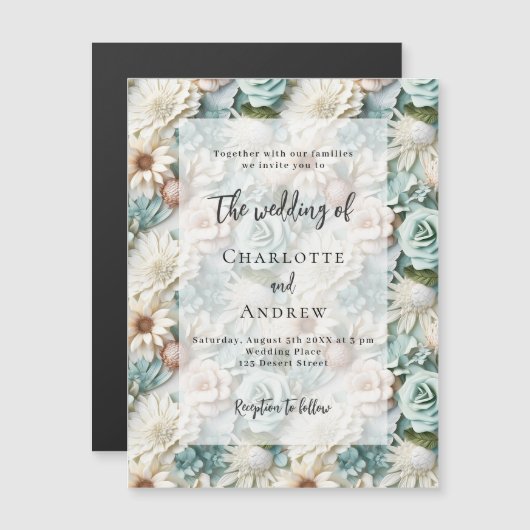 ほこりっぽい結婚緑の白い花模様の贅沢エレガントさ マグネット招待状 (正面/裏面)