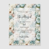 ほこりっぽい結婚緑の白い花模様の贅沢エレガントさ マグネット招待状 (正面)