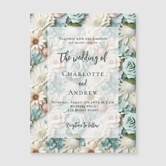 ほこりっぽい結婚緑の白い花模様の贅沢エレガントさ マグネット招待状 (正面)