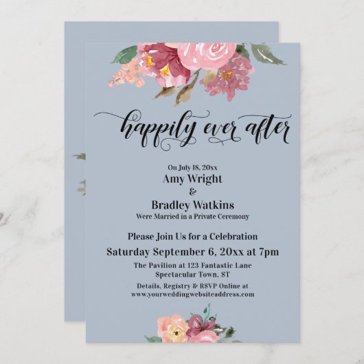 ほこりっぽい絵を描ブルーの後で幸せにピンクの花を 招待状 (正面/裏面)